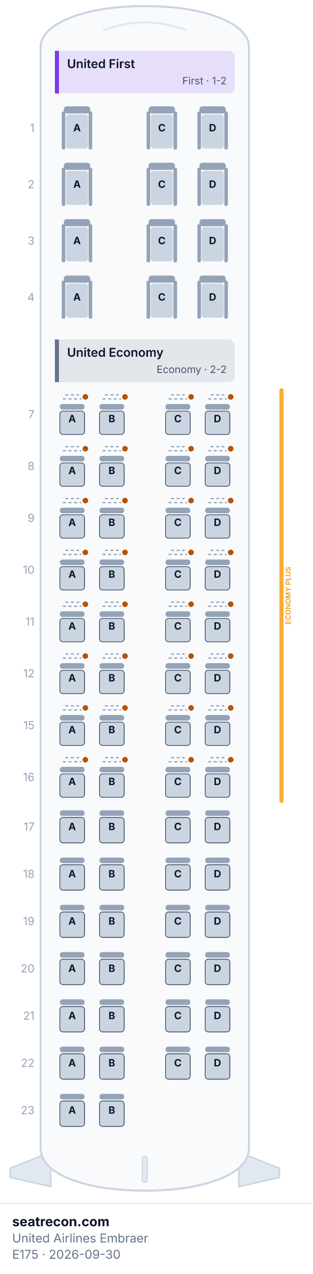 United Airlines Embraer E175 seat map diagram — United First, United Economy (70 seats)