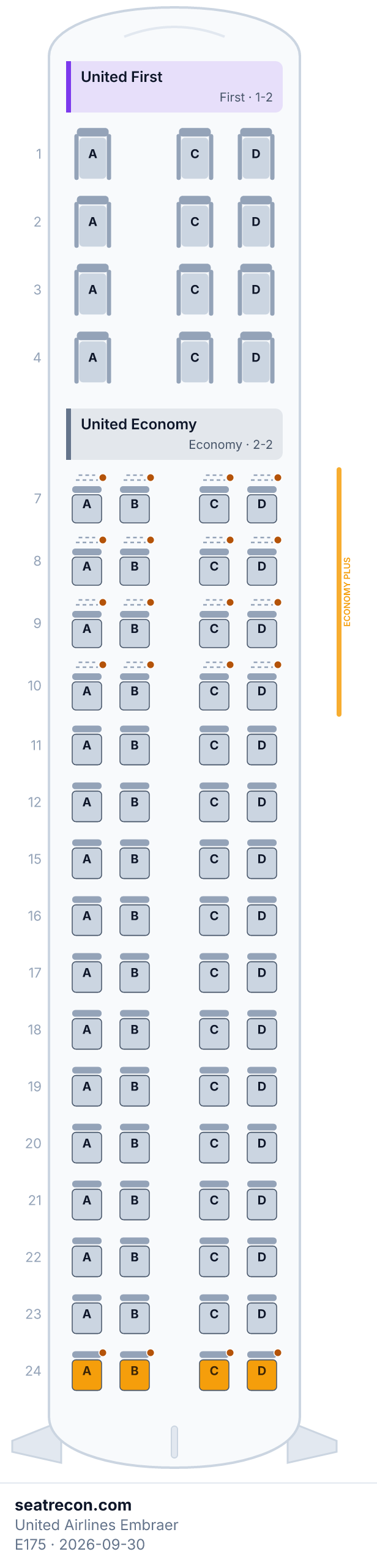 United Airlines Embraer E175 seat map diagram — United First, United Economy (76 seats)