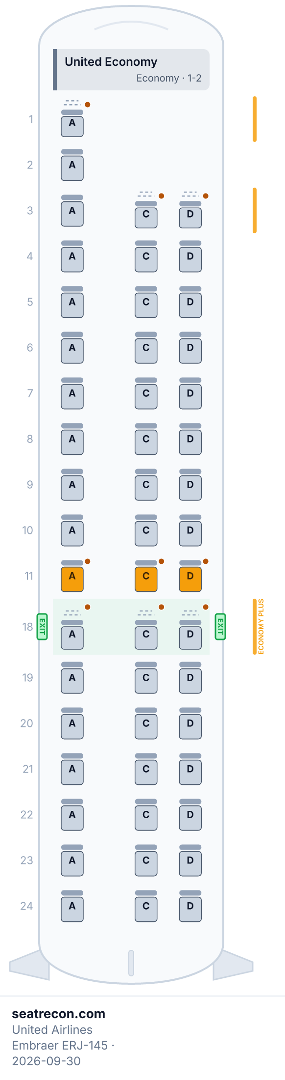 United Airlines Embraer ERJ-145 seat map diagram — United Economy (50 seats)