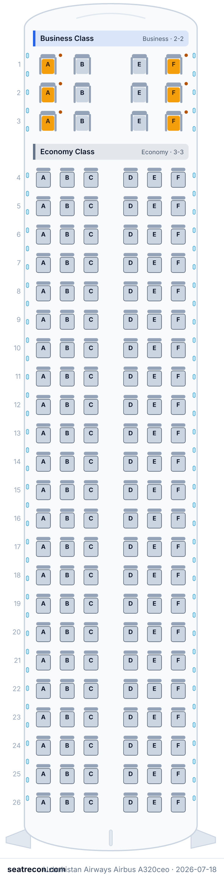 Uzbekistan Airways Airbus A320ceo seat map diagram — Business Class, Economy Class (150 seats)