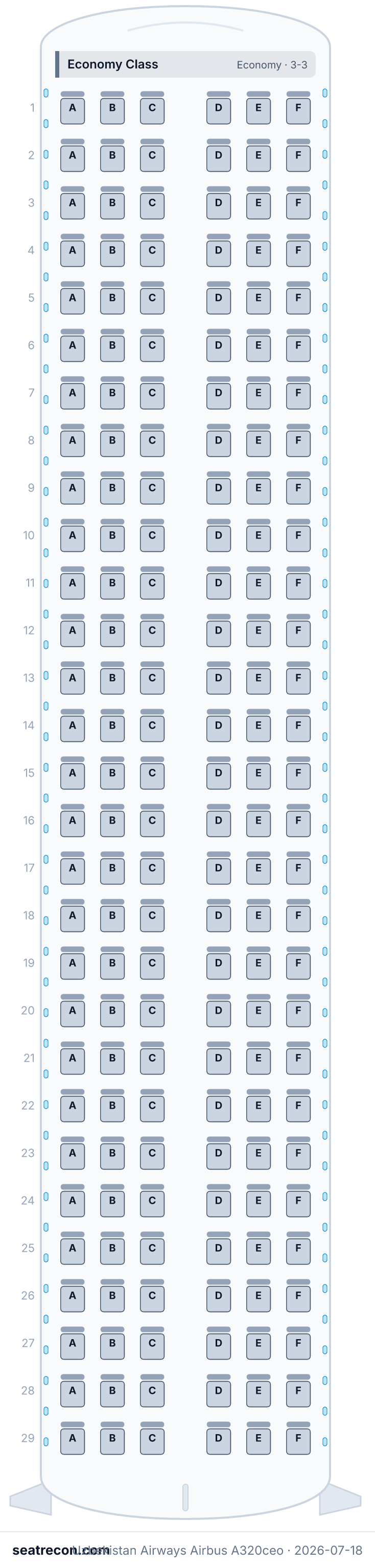 Uzbekistan Airways Airbus A320ceo seat map diagram — Economy Class (174 seats)