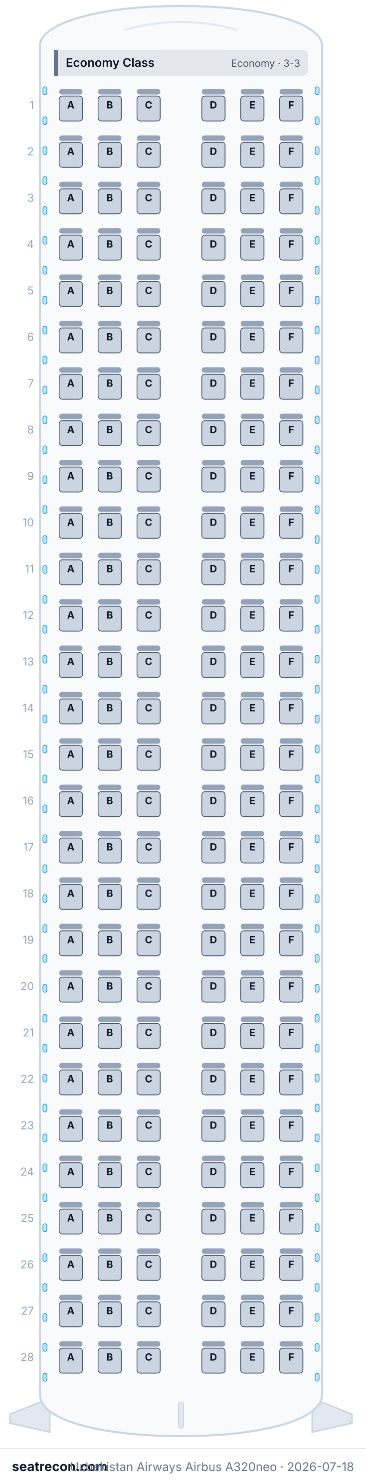 Uzbekistan Airways Airbus A320neo seat map diagram — Economy Class (168 seats)