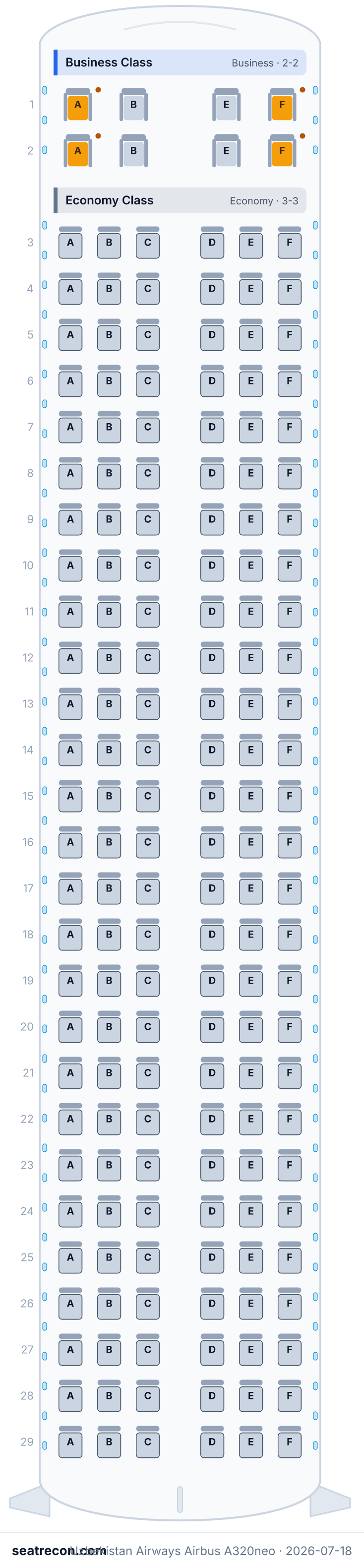 Uzbekistan Airways Airbus A320neo seat map diagram — Business Class, Economy Class (170 seats)