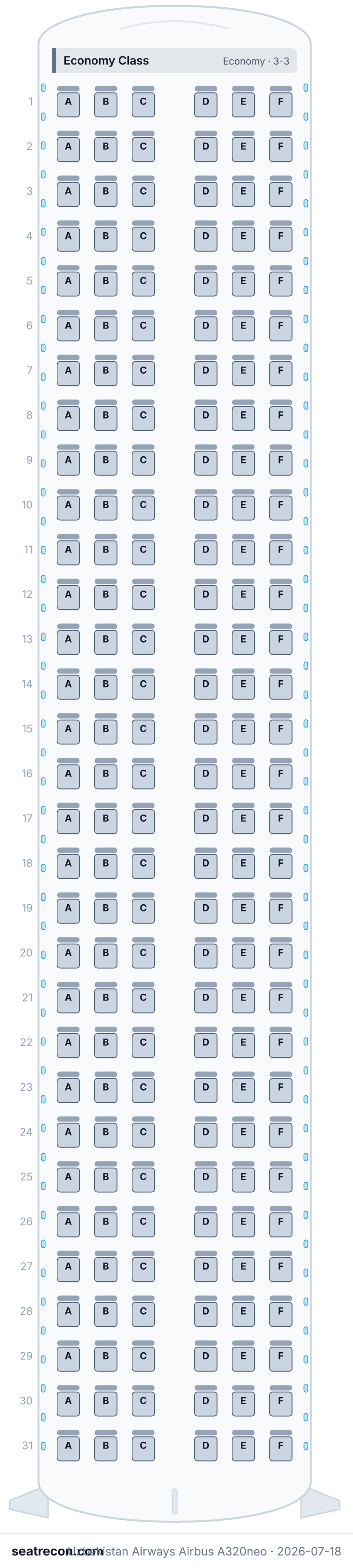 Uzbekistan Airways Airbus A320neo seat map diagram — Economy Class (186 seats)