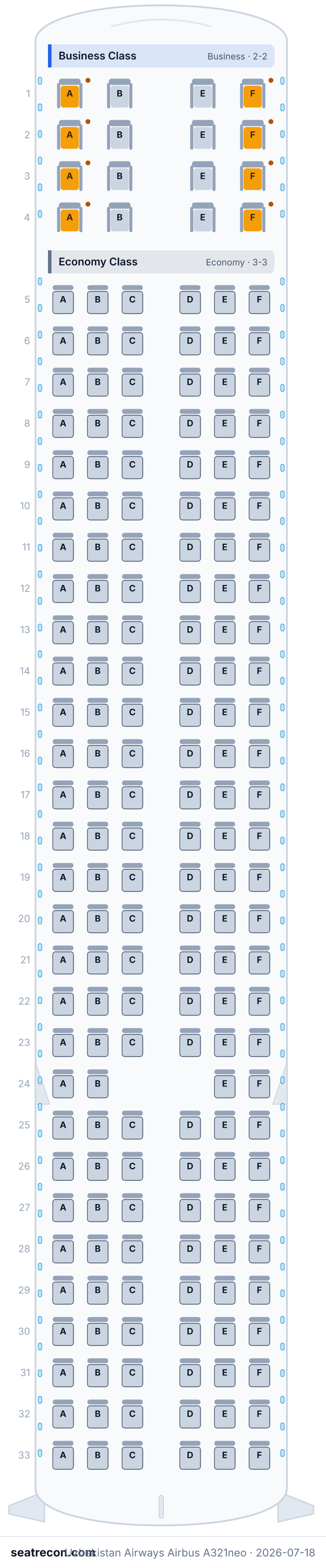 Uzbekistan Airways Airbus A321neo seat map diagram — Business Class, Economy Class (188 seats)