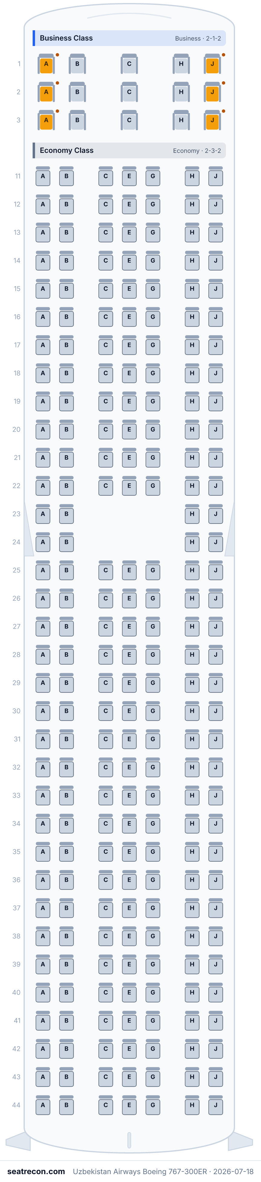 Uzbekistan Airways Boeing 767-300ER seat map diagram — Business Class, Economy Class (247 seats)