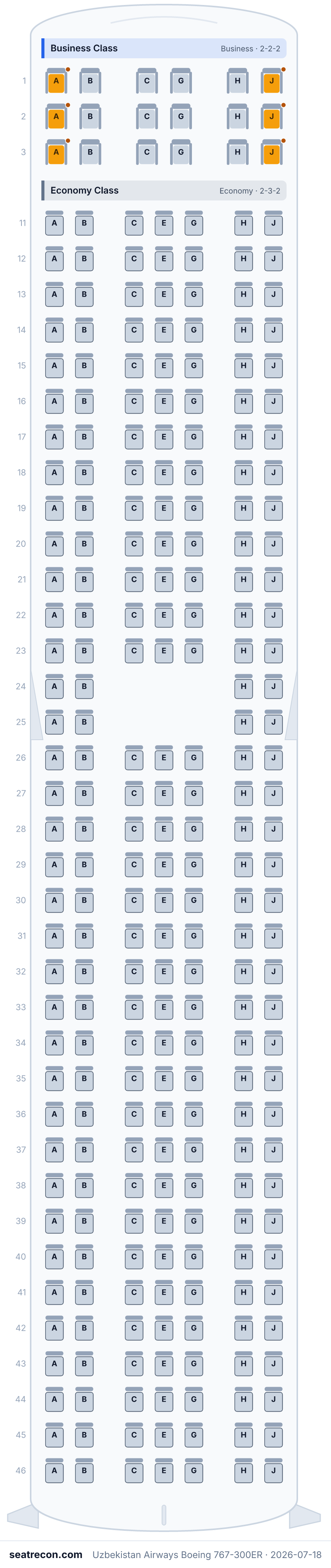 Uzbekistan Airways Boeing 767-300ER seat map diagram — Business Class, Economy Class (264 seats)