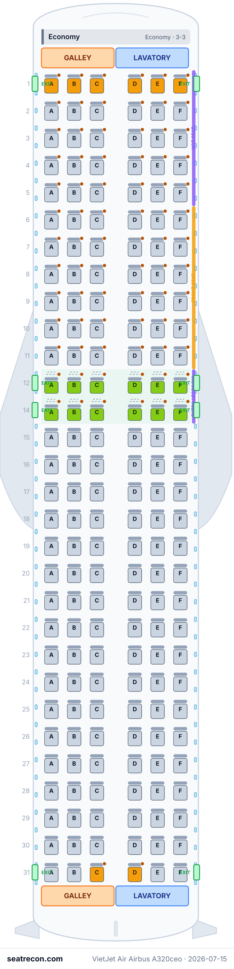 VietJet Air Airbus A320ceo seat map diagram — Economy (180 seats)