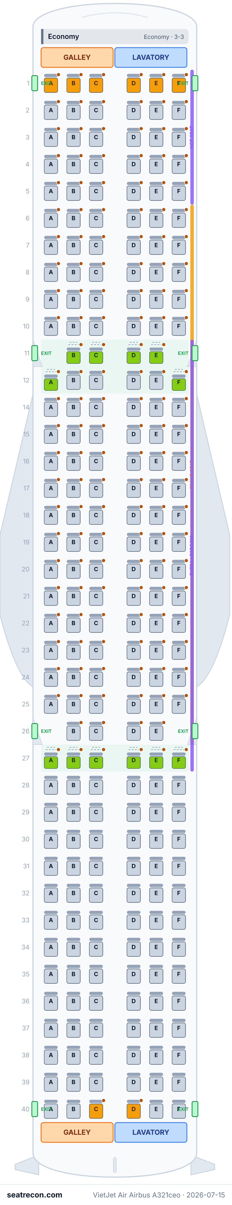 VietJet Air Airbus A321ceo seat map diagram — Economy (230 seats)