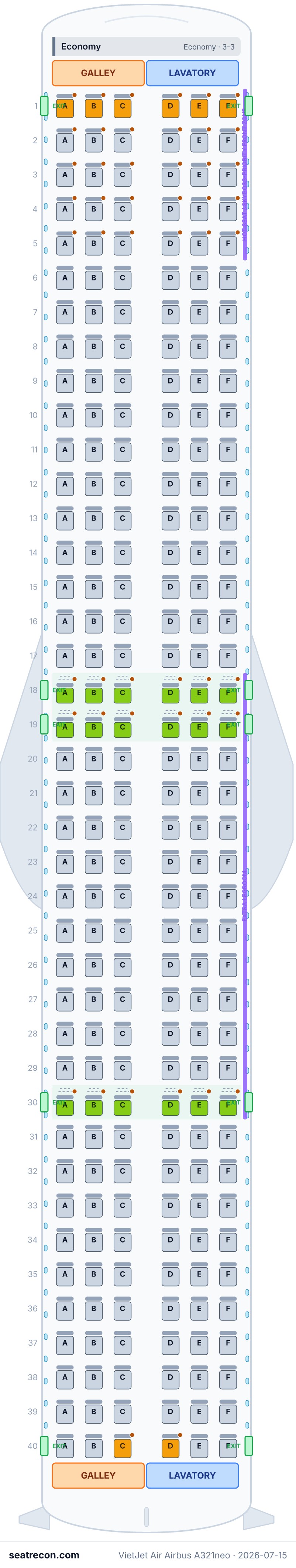 VietJet Air Airbus A321neo seat map diagram — Economy (240 seats)
