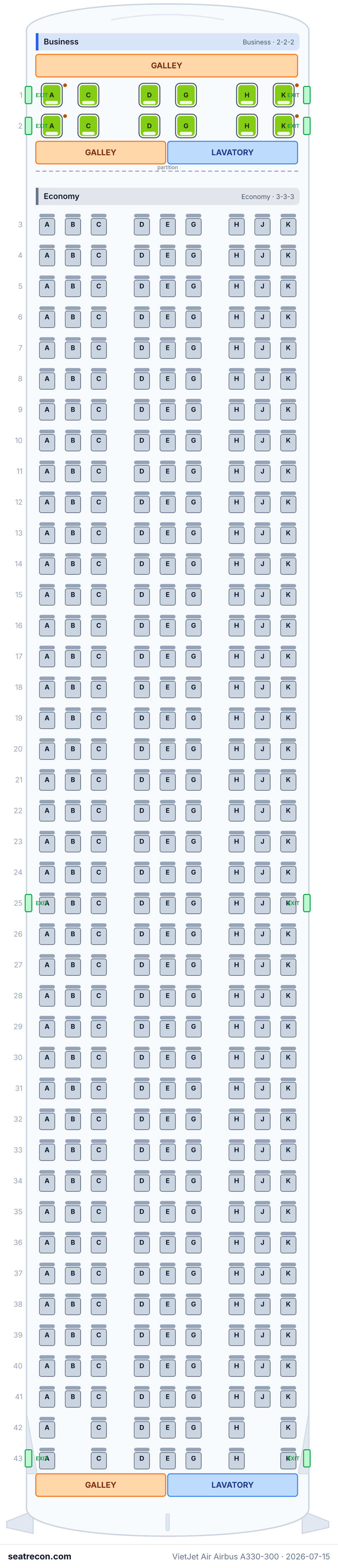 VietJet Air Airbus A330-300 seat map diagram — Business, Economy (377 seats)