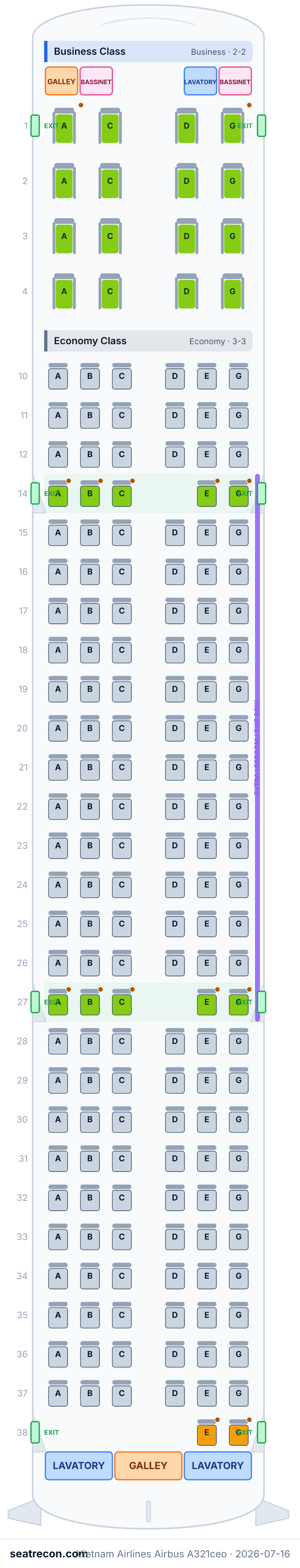 Vietnam Airlines Airbus A321ceo seat map diagram — Business Class, Economy Class (178 seats)