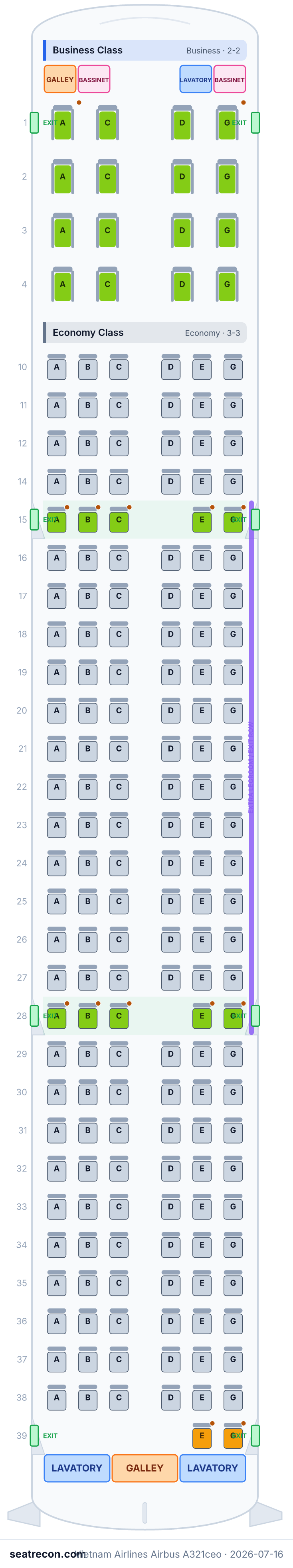 Vietnam Airlines Airbus A321ceo seat map diagram — Business Class, Economy Class (184 seats)