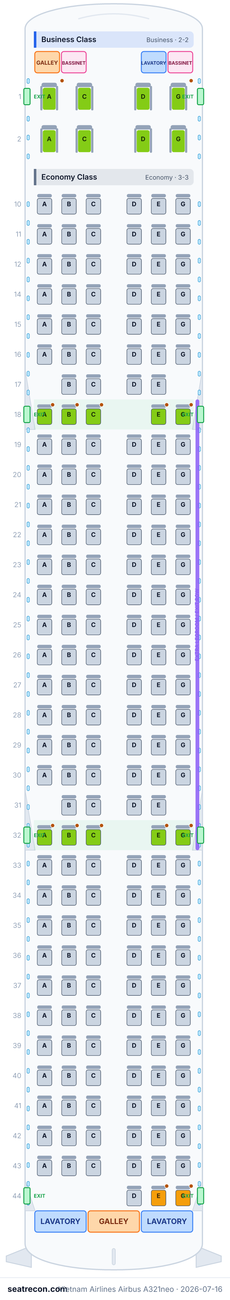 Vietnam Airlines Airbus A321neo seat map diagram — Business Class, Economy Class (203 seats)