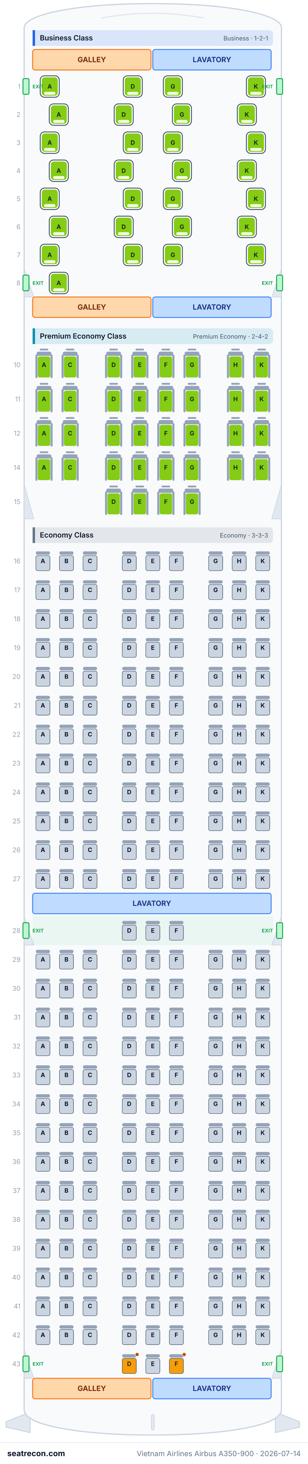 Vietnam Airlines Airbus A350-900 seat map diagram — Business Class, Premium Economy Class, Economy Class (305 seats)