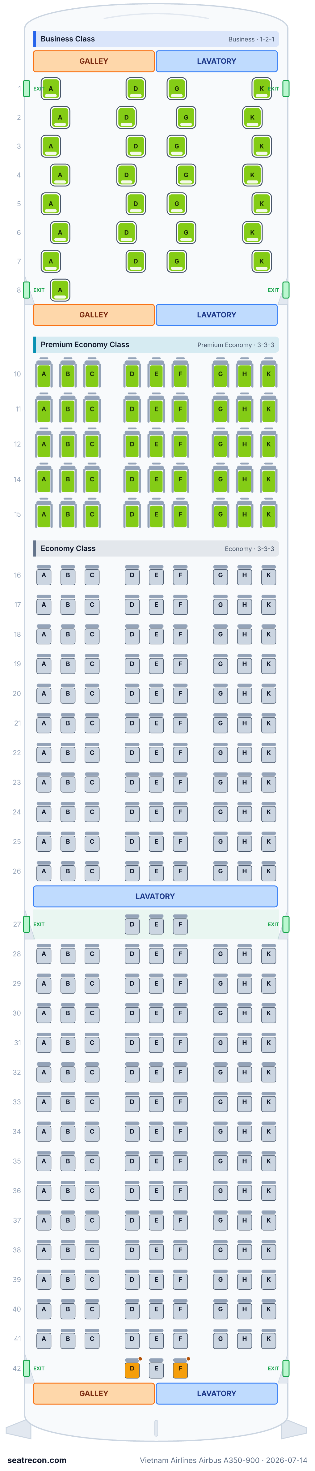 Vietnam Airlines Airbus A350-900 seat map diagram — Business Class, Premium Economy Class, Economy Class (305 seats)