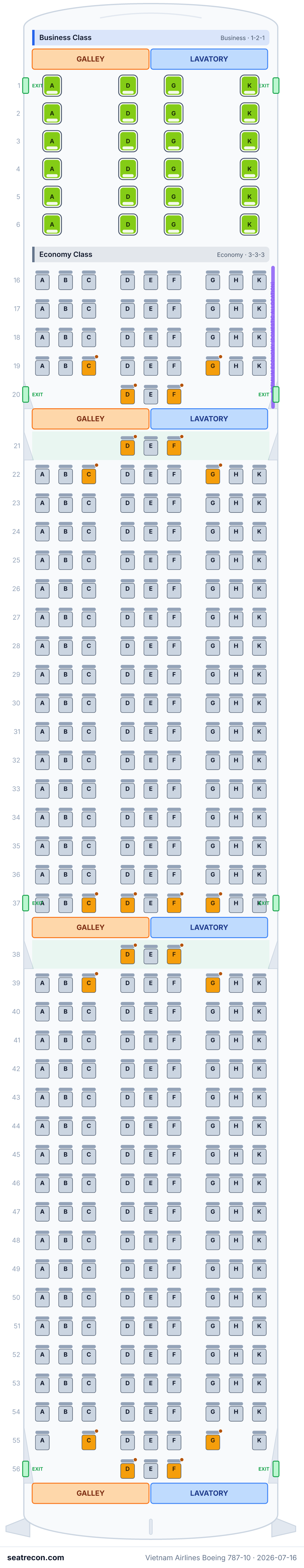 Vietnam Airlines Boeing 787-10 seat map diagram — Business Class, Economy Class (367 seats)