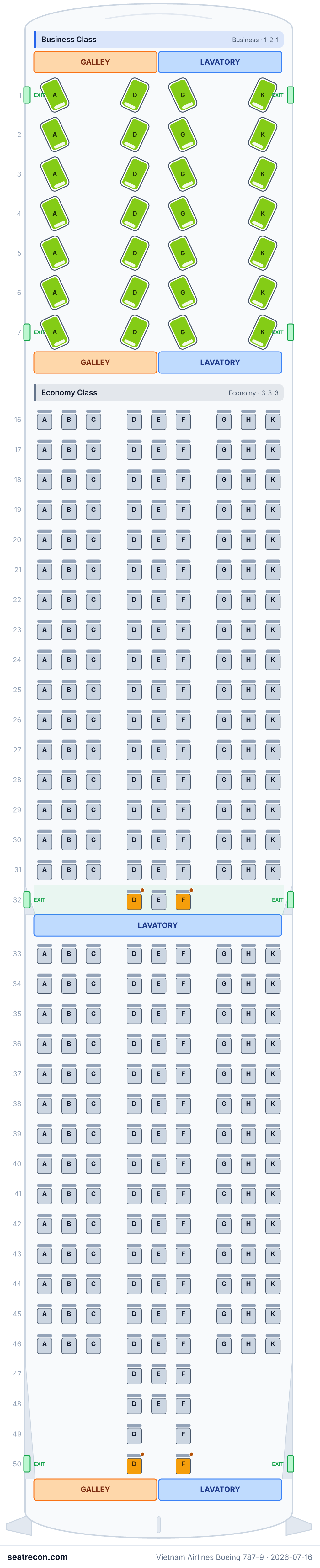 Vietnam Airlines Boeing 787-9 seat map diagram — Business Class, Economy Class (311 seats)