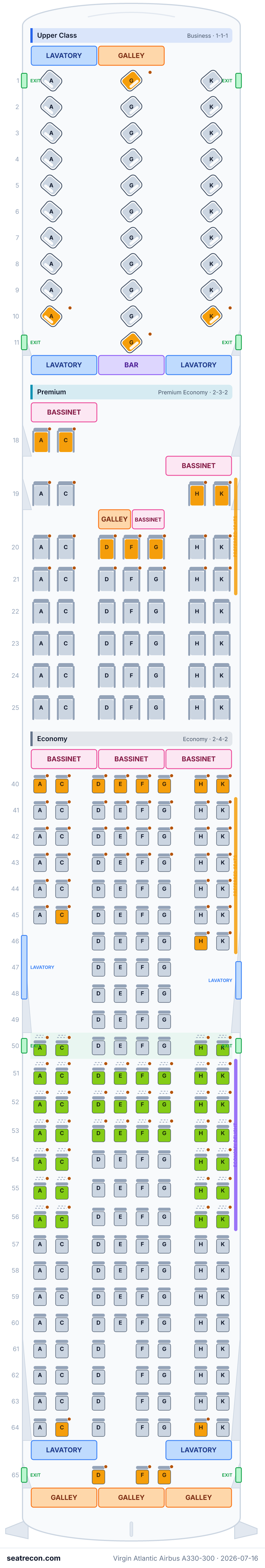 Virgin Atlantic Airbus A330-300 seat map diagram — Upper Class, Premium, Economy (264 seats)