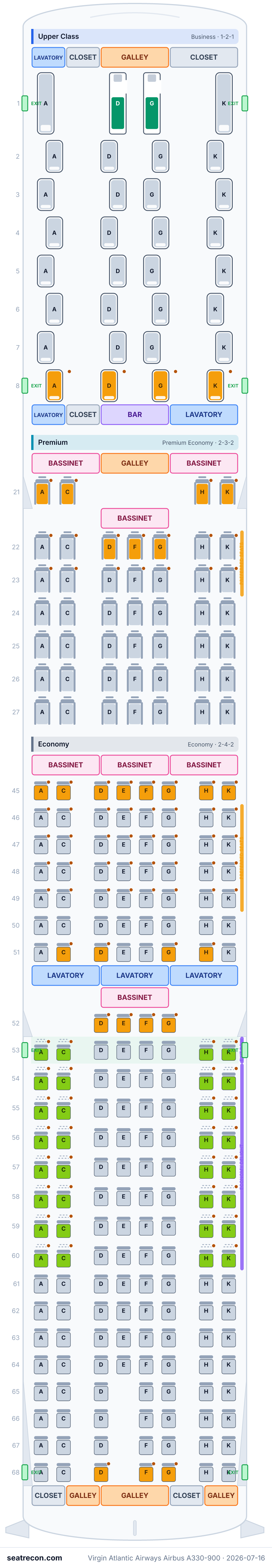 Virgin Atlantic Airways Airbus A330-900 seat map diagram — Upper Class, Premium, Economy (262 seats)
