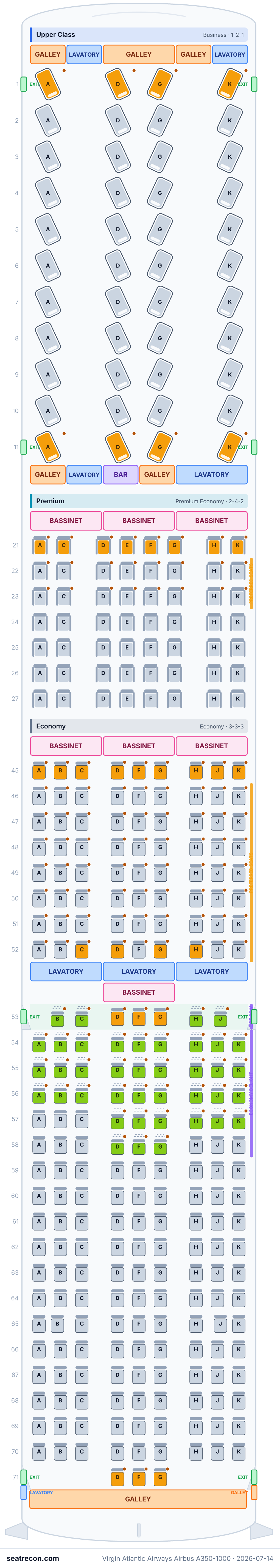 Virgin Atlantic Airways Airbus A350-1000 seat map diagram — Upper Class, Premium, Economy (335 seats)