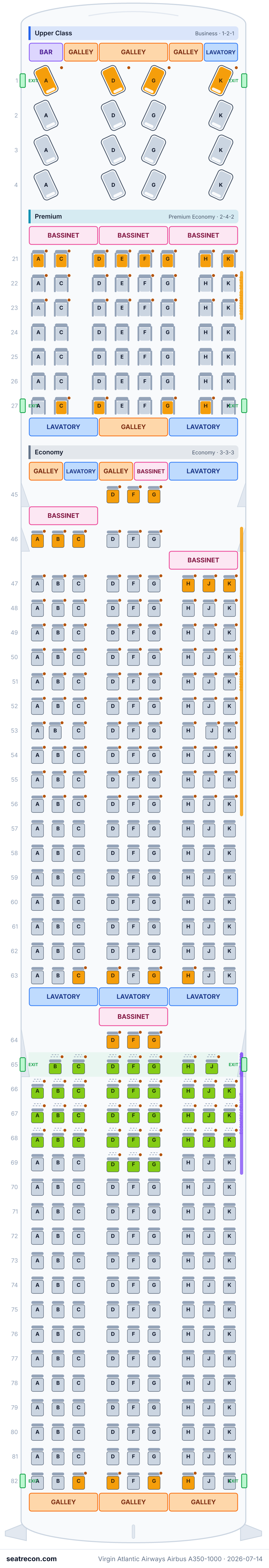 Virgin Atlantic Airways Airbus A350-1000 seat map diagram — Upper Class, Premium, Economy (397 seats)