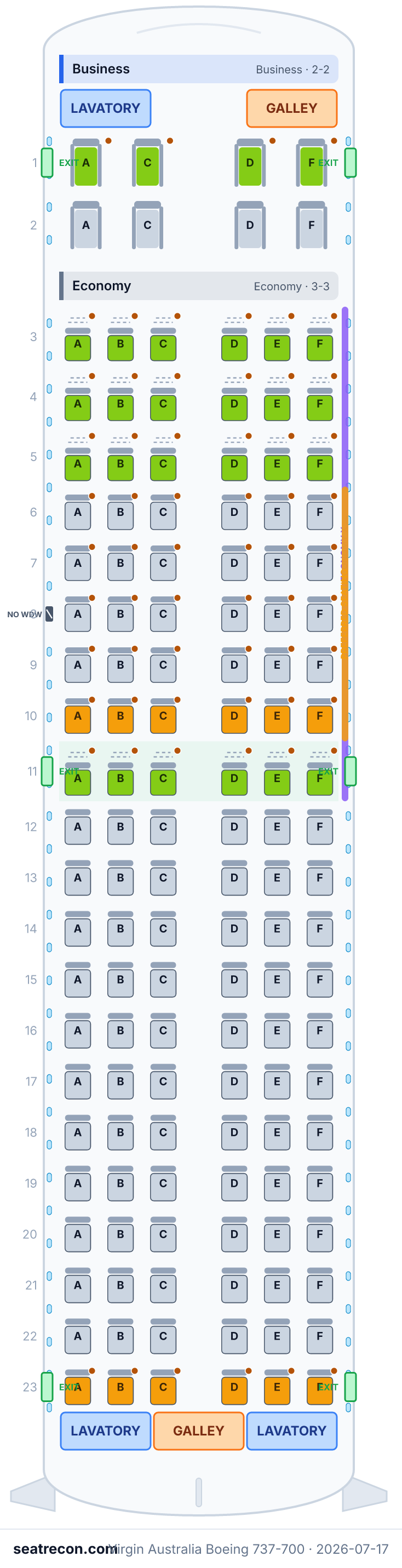 Virgin Australia Boeing 737-700 seat map diagram — Business, Economy (134 seats)