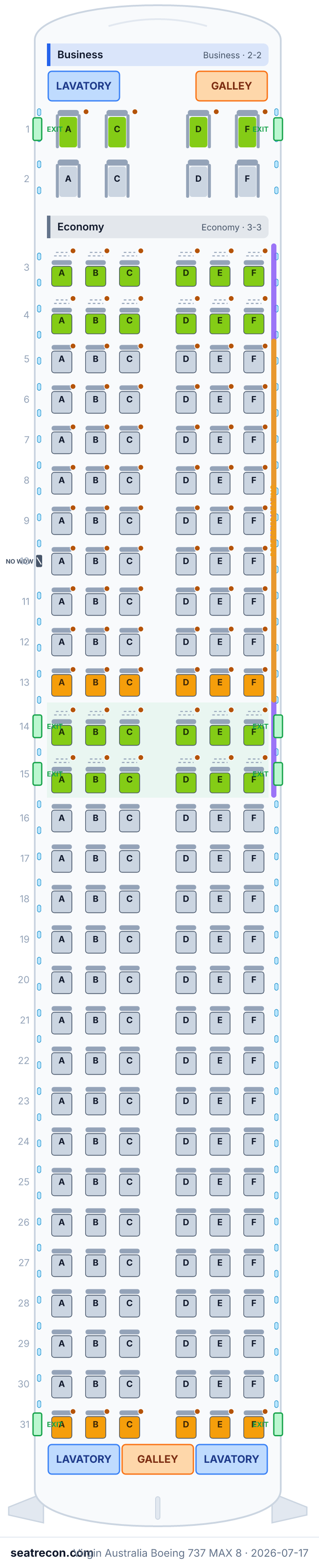 Virgin Australia Boeing 737 MAX 8 seat map diagram — Business, Economy (182 seats)