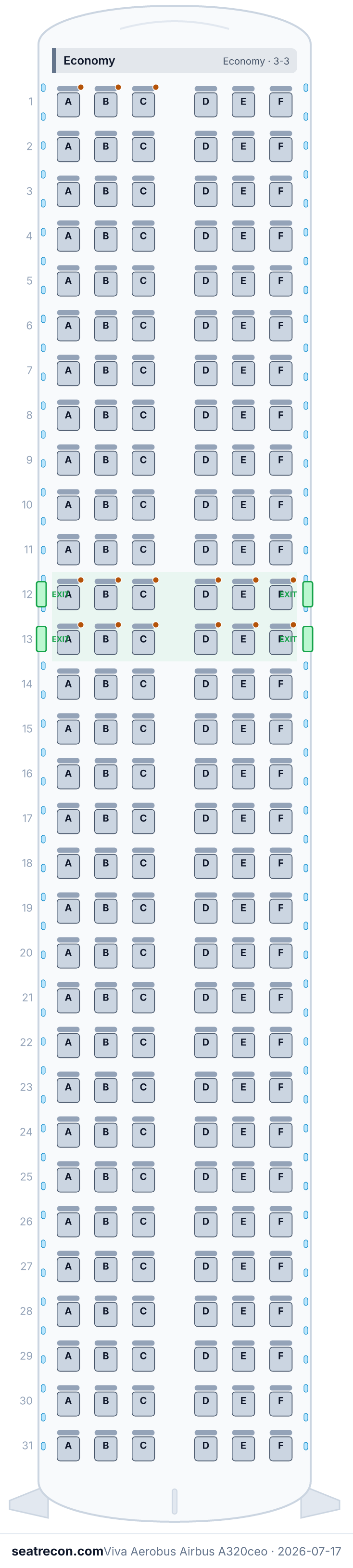 Viva Aerobus Airbus A320ceo seat map diagram — Economy (186 seats)