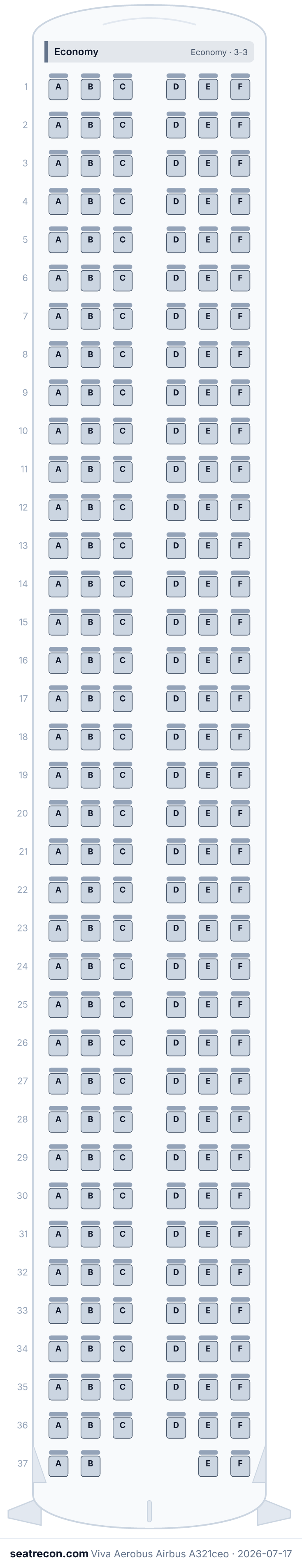 Viva Aerobus Airbus A321ceo seat map diagram — Economy (220 seats)