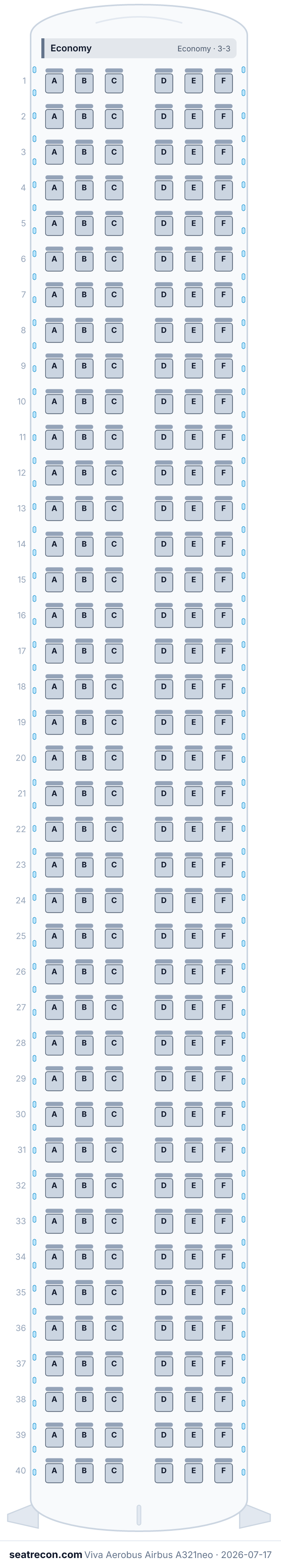 Viva Aerobus Airbus A321neo seat map diagram — Economy (240 seats)
