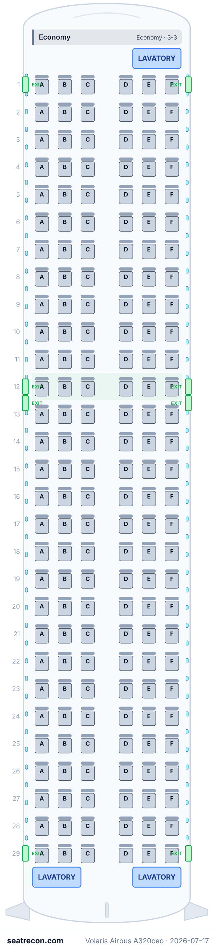 Volaris Airbus A320ceo seat map diagram — Economy (174 seats)