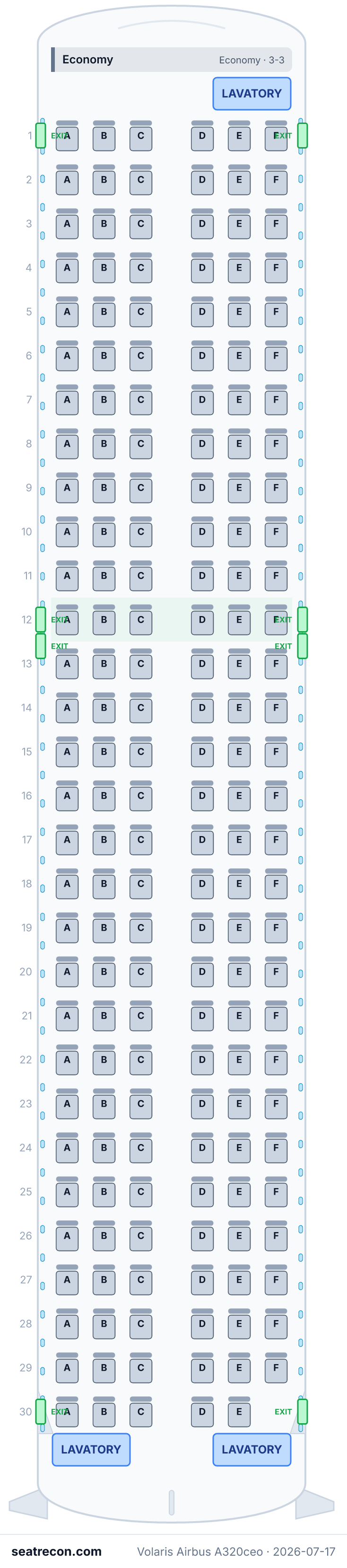 Volaris Airbus A320ceo seat map diagram — Economy (179 seats)