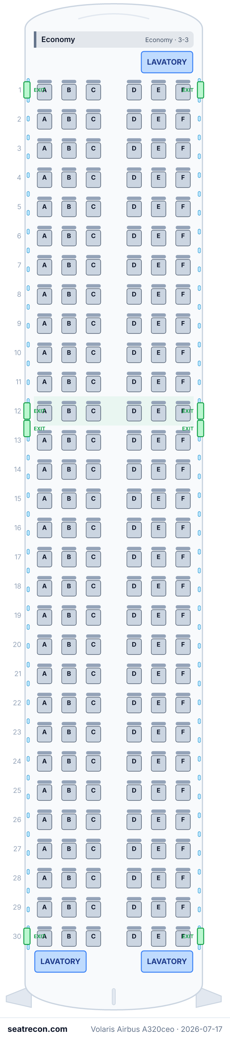 Volaris Airbus A320ceo seat map diagram — Economy (180 seats)