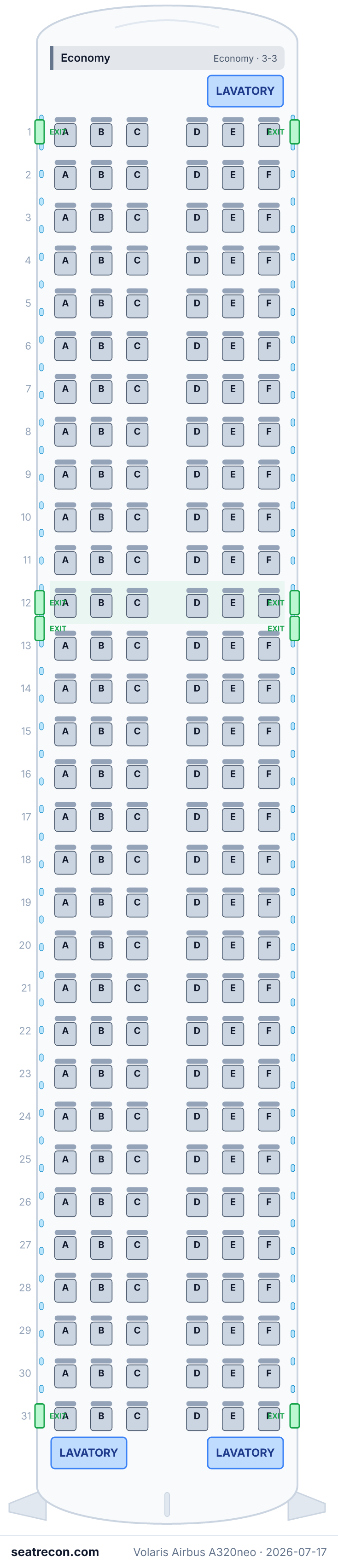 Volaris Airbus A320neo seat map diagram — Economy (186 seats)