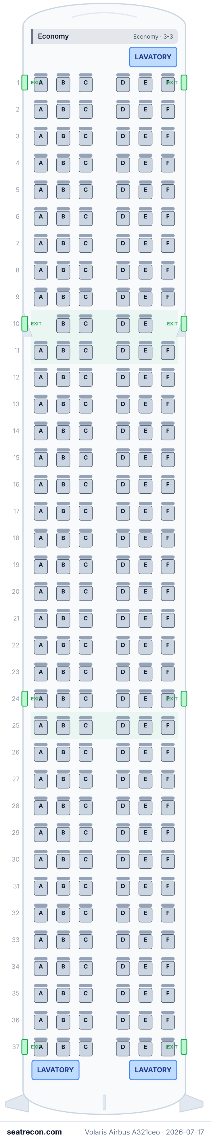 Volaris Airbus A321ceo seat map diagram — Economy (220 seats)