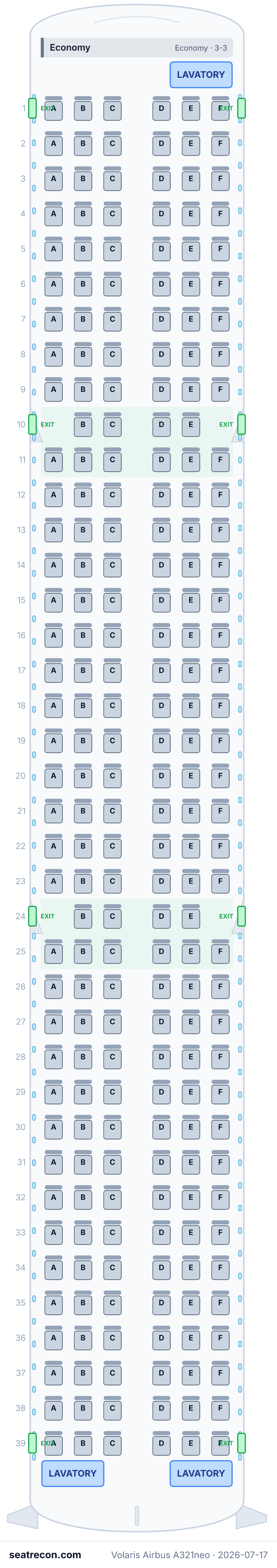 Volaris Airbus A321neo seat map diagram — Economy (230 seats)