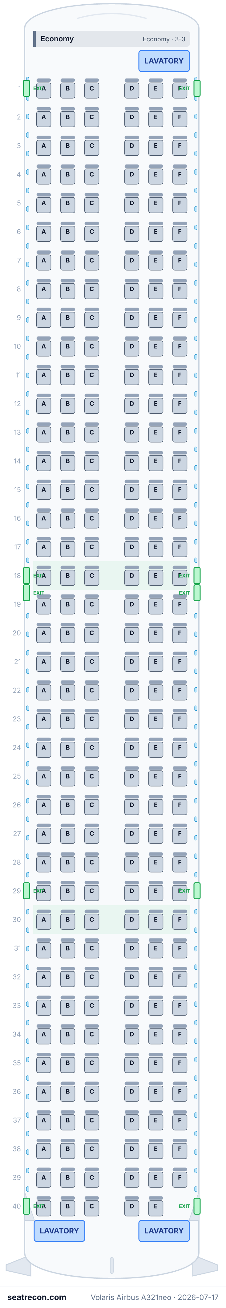 Volaris Airbus A321neo seat map diagram — Economy (239 seats)