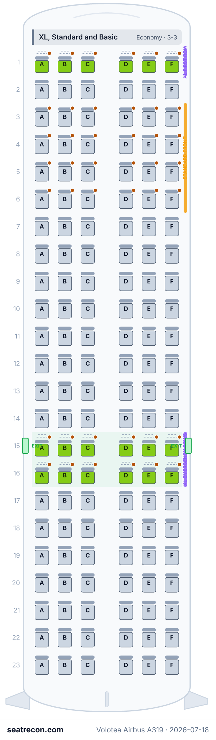 Volotea Airbus A319 seat map diagram — XL, Standard and Basic (138 seats)