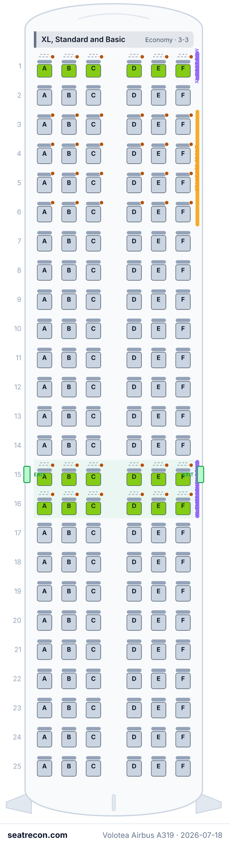 Volotea Airbus A319 seat map diagram — XL, Standard and Basic (150 seats)