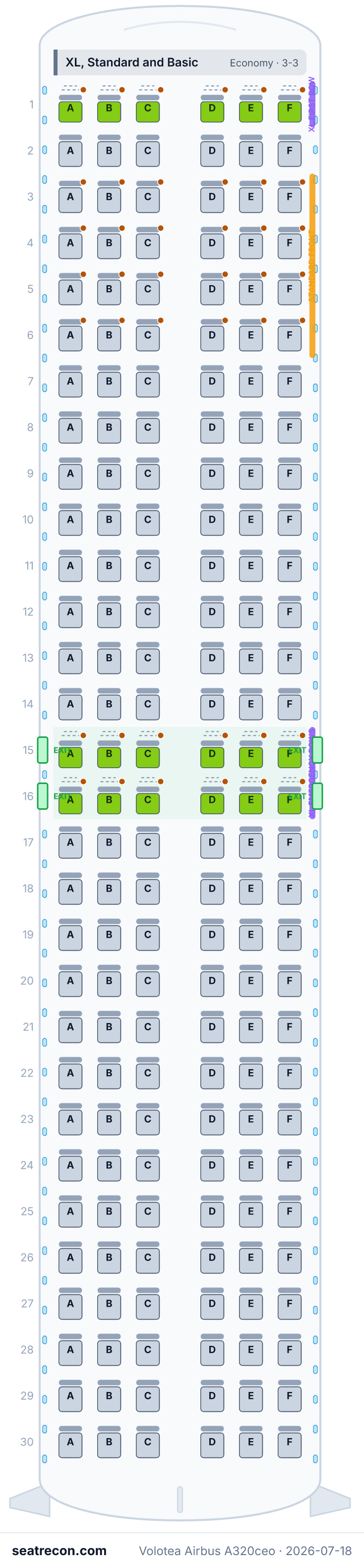 Volotea Airbus A320ceo seat map diagram — XL, Standard and Basic (180 seats)
