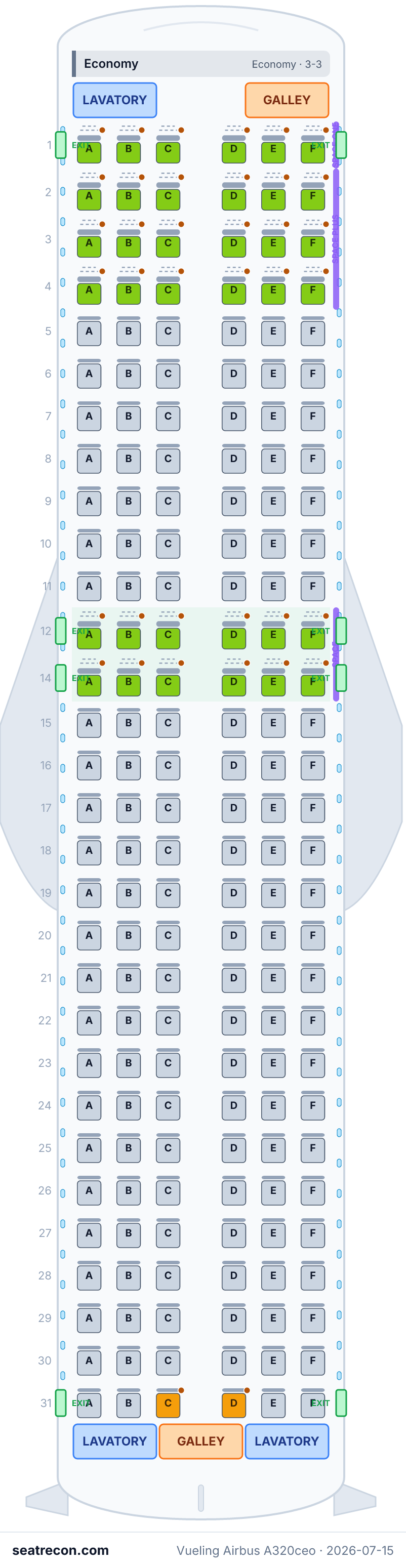 Vueling Airbus A320ceo seat map diagram — Economy (180 seats)