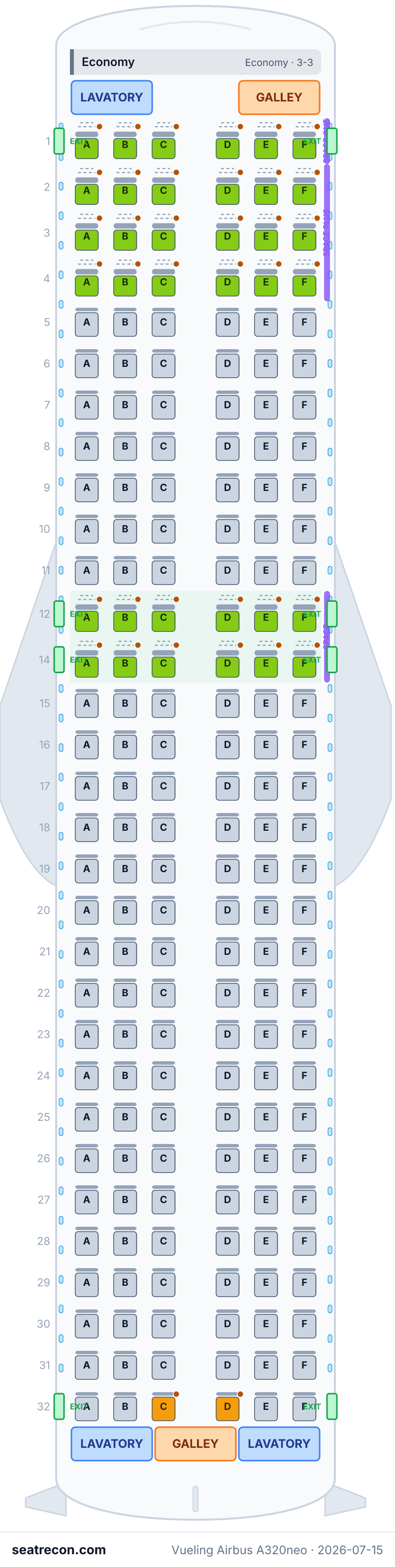 Vueling Airbus A320neo seat map diagram — Economy (186 seats)