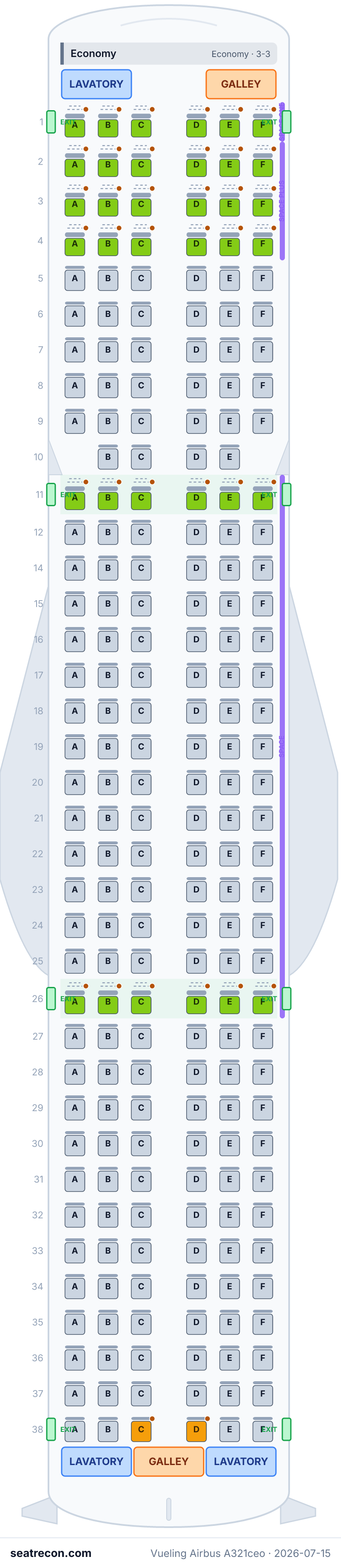 Vueling Airbus A321ceo seat map diagram — Economy (220 seats)