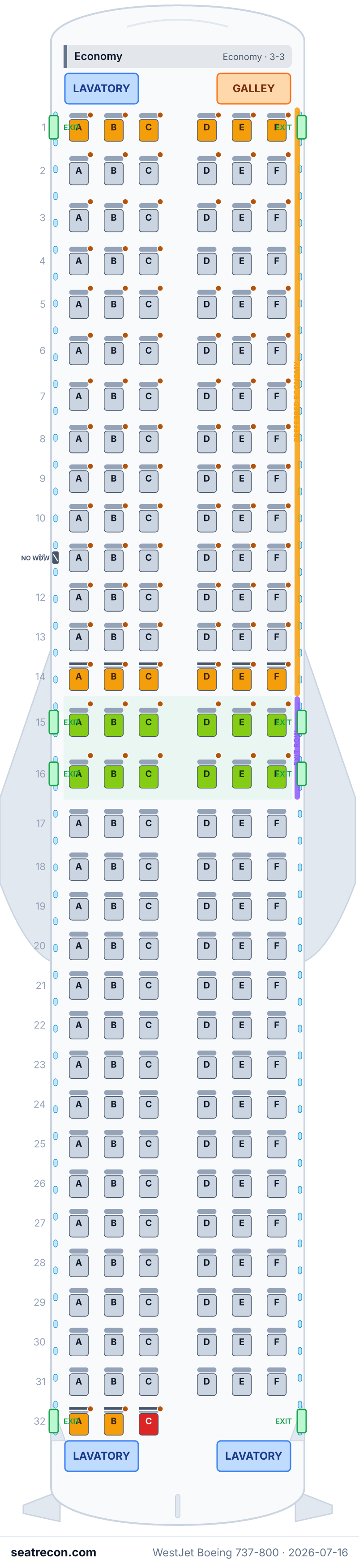 WestJet Boeing 737-800 seat map diagram — Economy (189 seats)