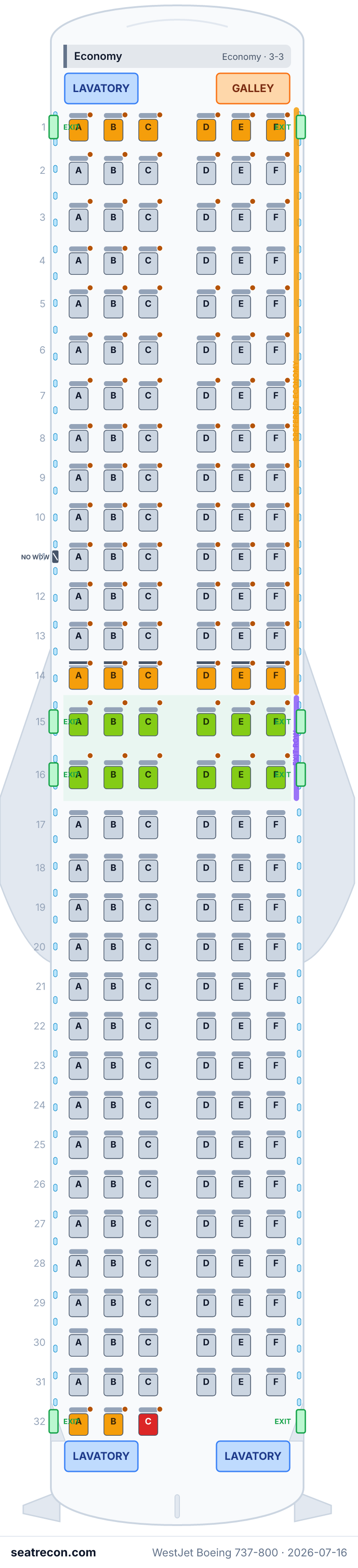 WestJet Boeing 737-800 seat map diagram — Economy (189 seats)