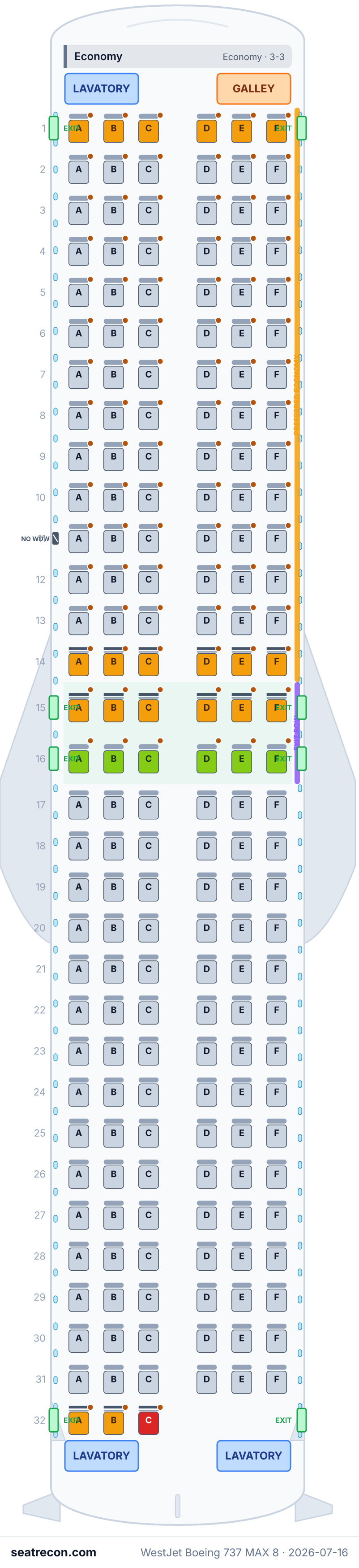 WestJet Boeing 737 MAX 8 seat map diagram — Economy (189 seats)