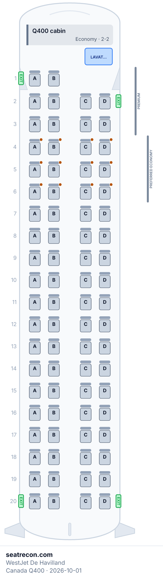 Diagrama del mapa de asientos del De Havilland Canada Q400 de WestJet — Q400 cabin (78 asientos)