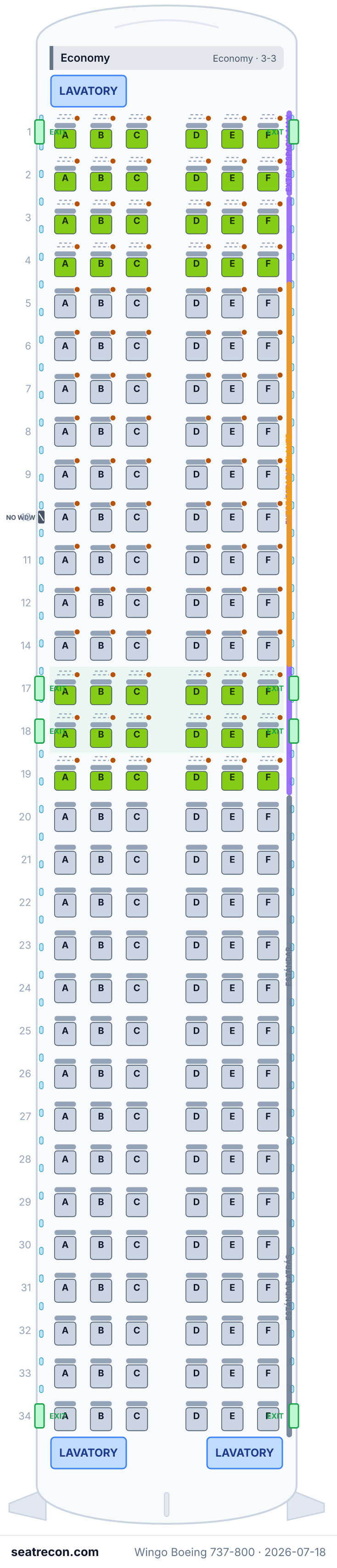 Wingo Boeing 737-800 seat map diagram — Economy (186 seats)
