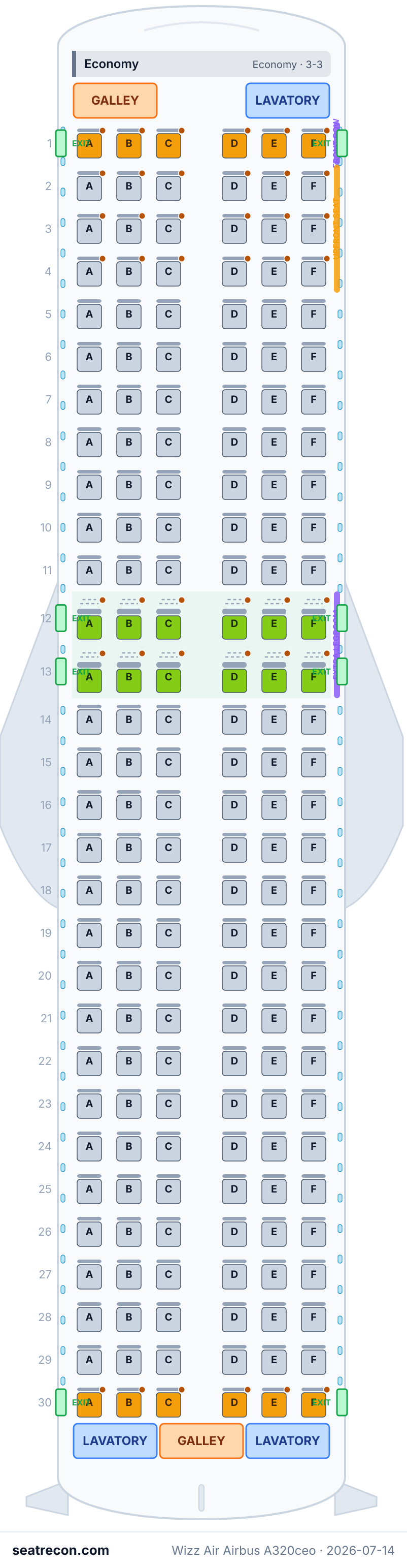 Wizz Air Airbus A320ceo seat map diagram — Economy (180 seats)